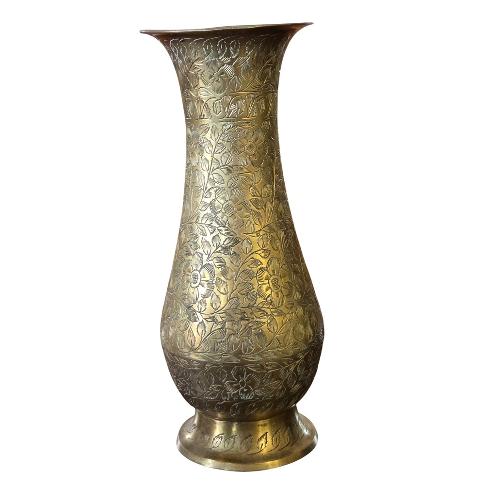 Vintage Etched Boho Brass Floral Vase Handcrafted Made in India Shabby Chic 8"